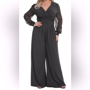 NWT RED DOT - Mesh Long Sheer Sleeve V Wrap Neck Wide Leg Pants Jumpsuit, Sz 2X